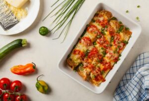 Panqueques de pollo con salsa de tomates frescos en la licuadora